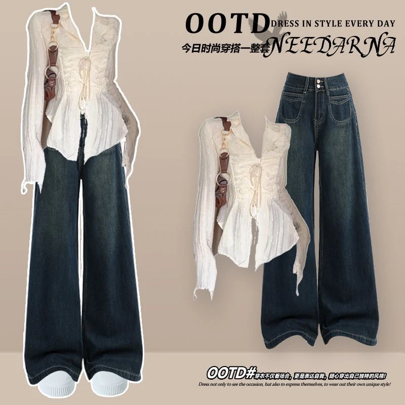 春季穿搭一整套女装2025新款民族风气质开衫复古显瘦牛仔裤两件套