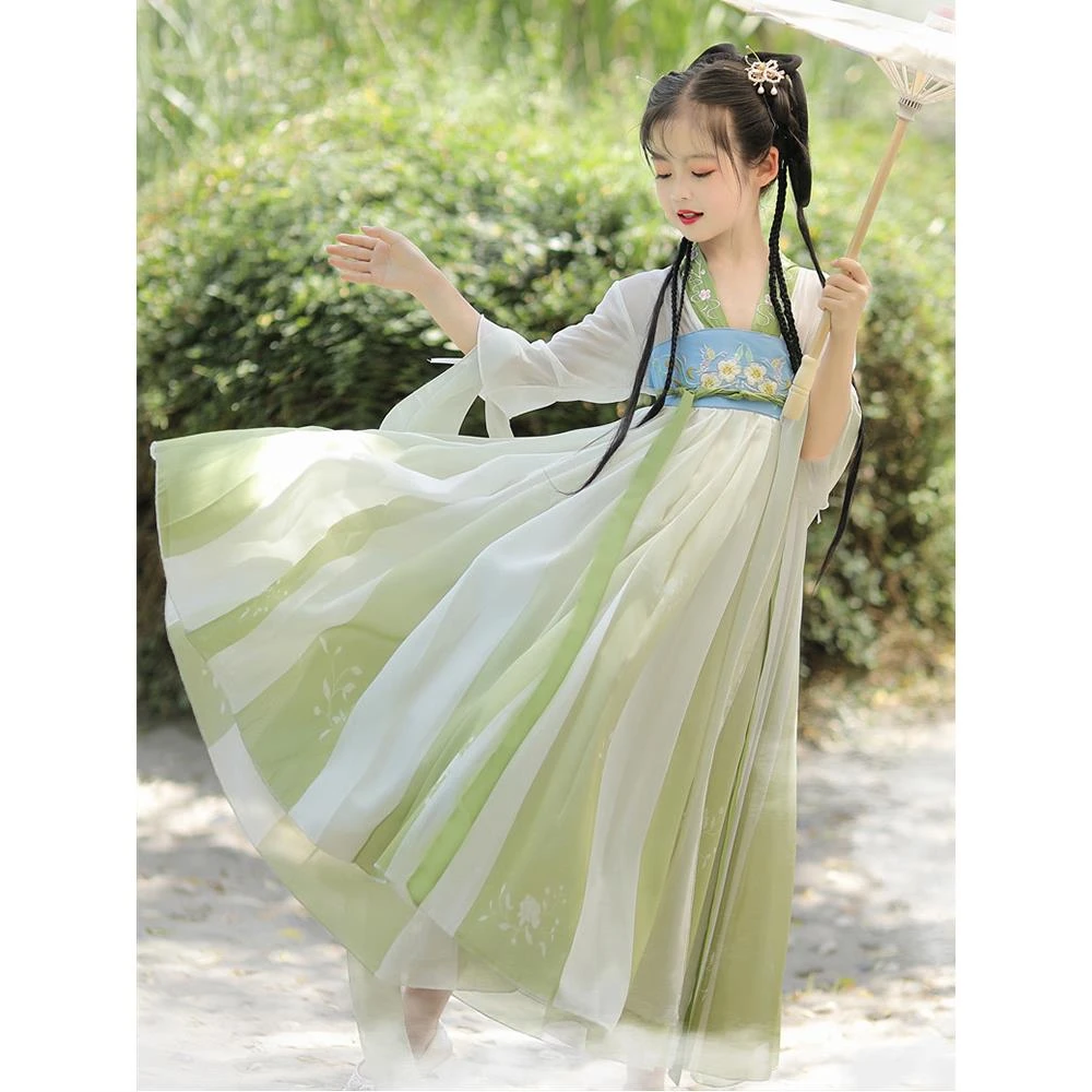 2025新款女童绝美汉服超仙古装襦裙儿童中国风绿色公主连衣裙夏季