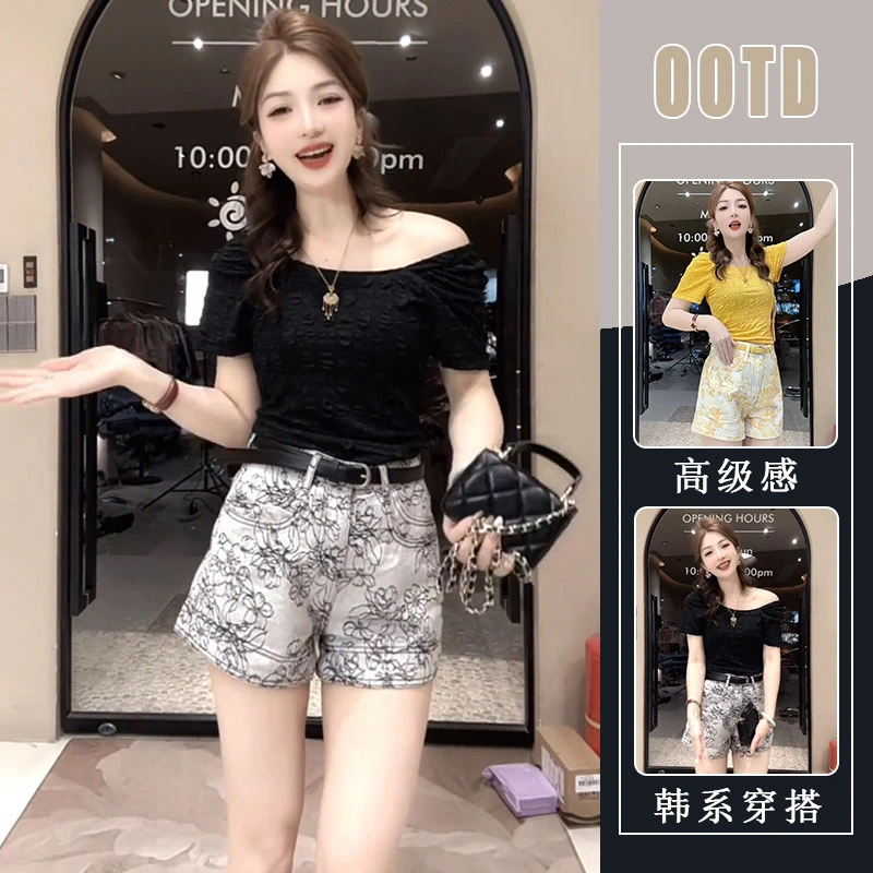 夏装套装女高级感2025新款时尚洋气重工短袖t恤上衣印花牛仔短裤