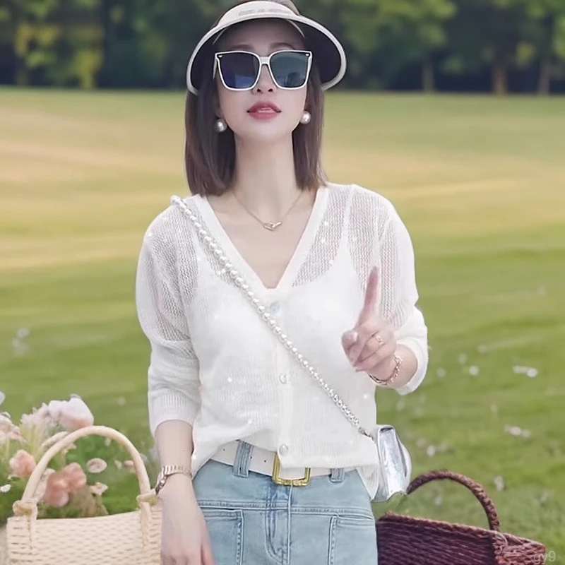 韩系亮片时尚设计感针织开衫防晒罩衫女2025夏季百搭休闲ins上衣