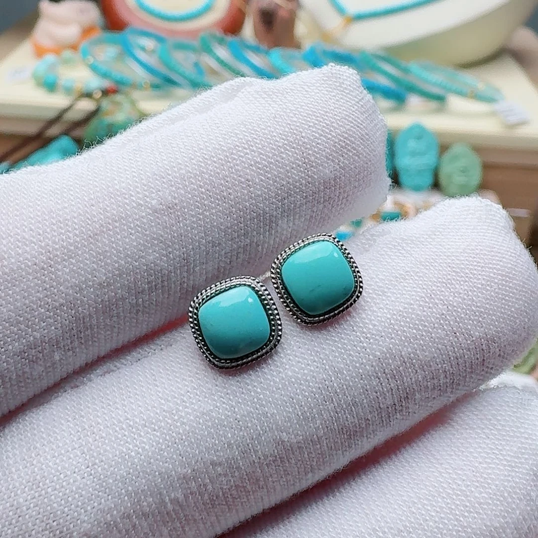 绿松石银S925镶嵌高瓷蓝绿方糖耳钉