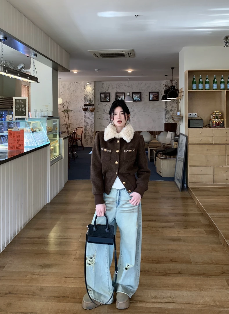 保暖秋季POLO领短款秋冬毛呢外套加厚上衣拼接冬季时尚套装