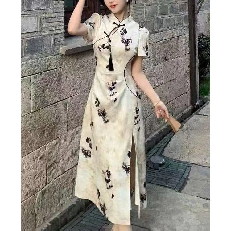 【发发推荐】【翎瑶清鸢】大码气质新中式淡雅印花收腰旗袍裙8189