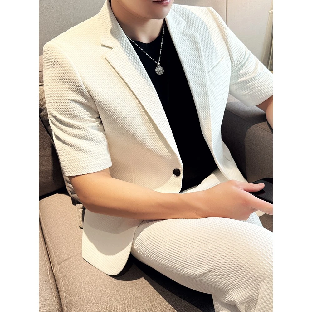 七分袖西服套装男正装夏季格子韩版修身休闲华夫格短袖小西装外套