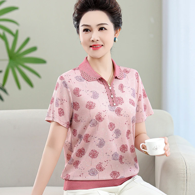 中老年气质妈妈装大码夏季T恤小衫中年女装翻领洋气短袖上衣A2710