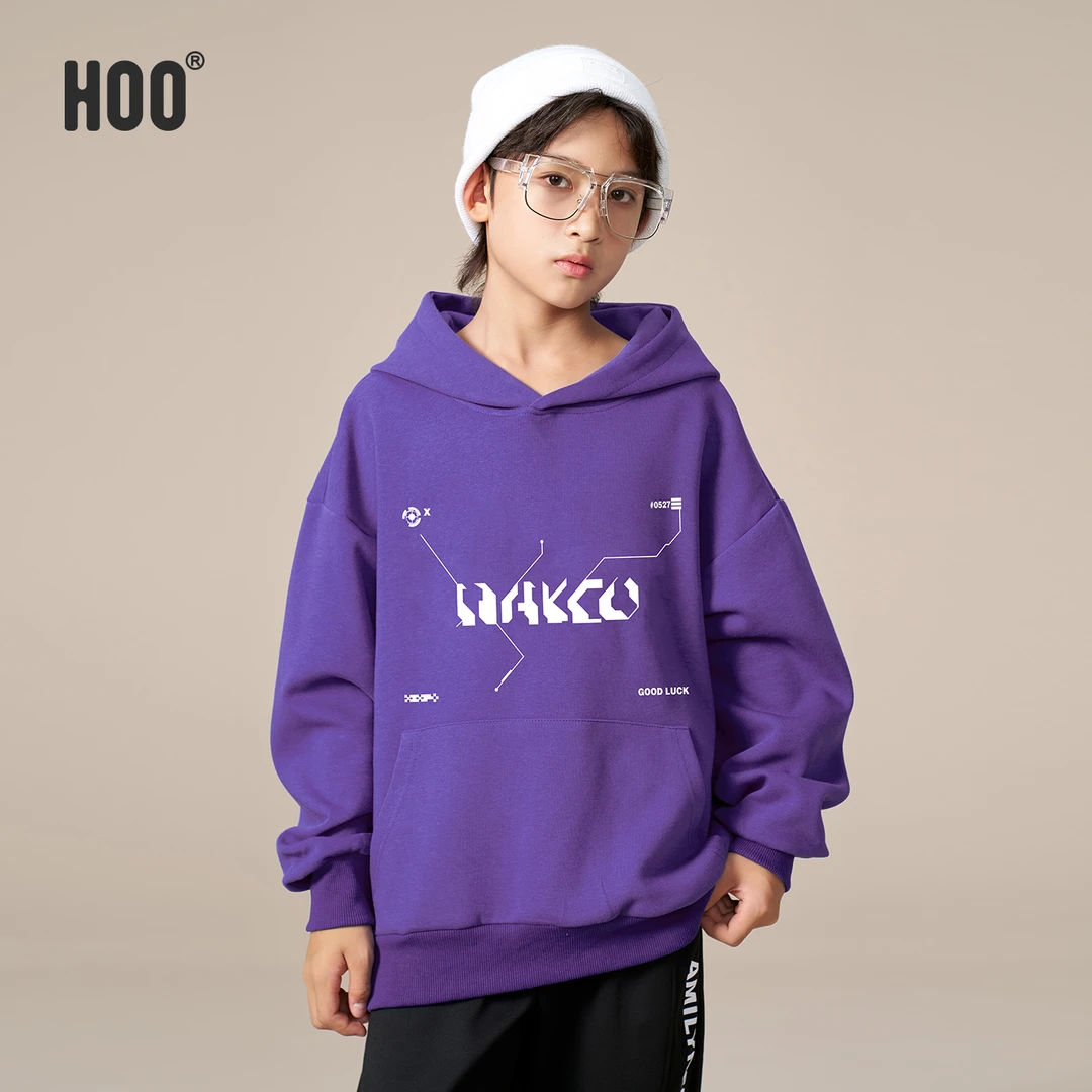 HOO秋季中大男童时尚休闲宽松美式复古重磅男童套头连帽卫衣 1709