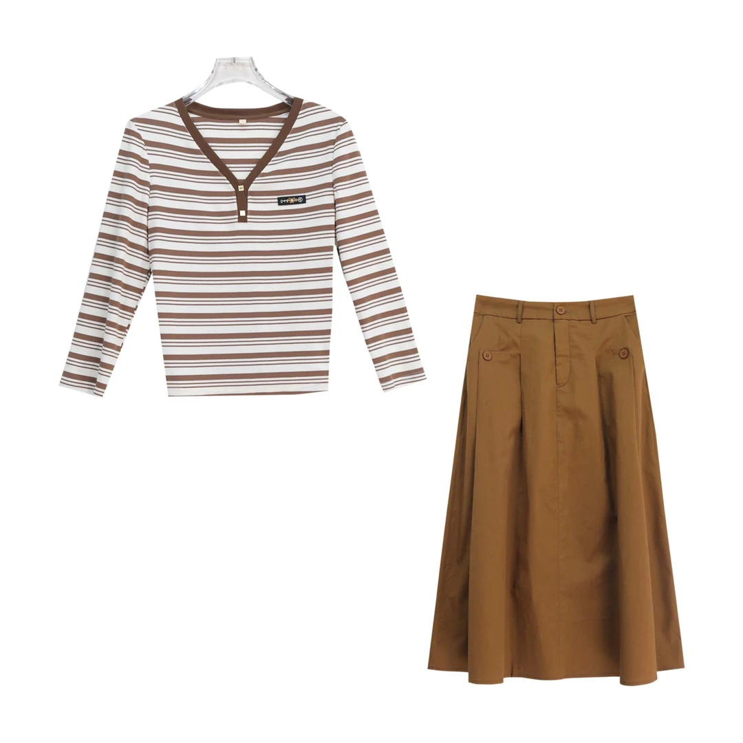 条纹V领修身小众上衣高腰复古半身裙套装S4410