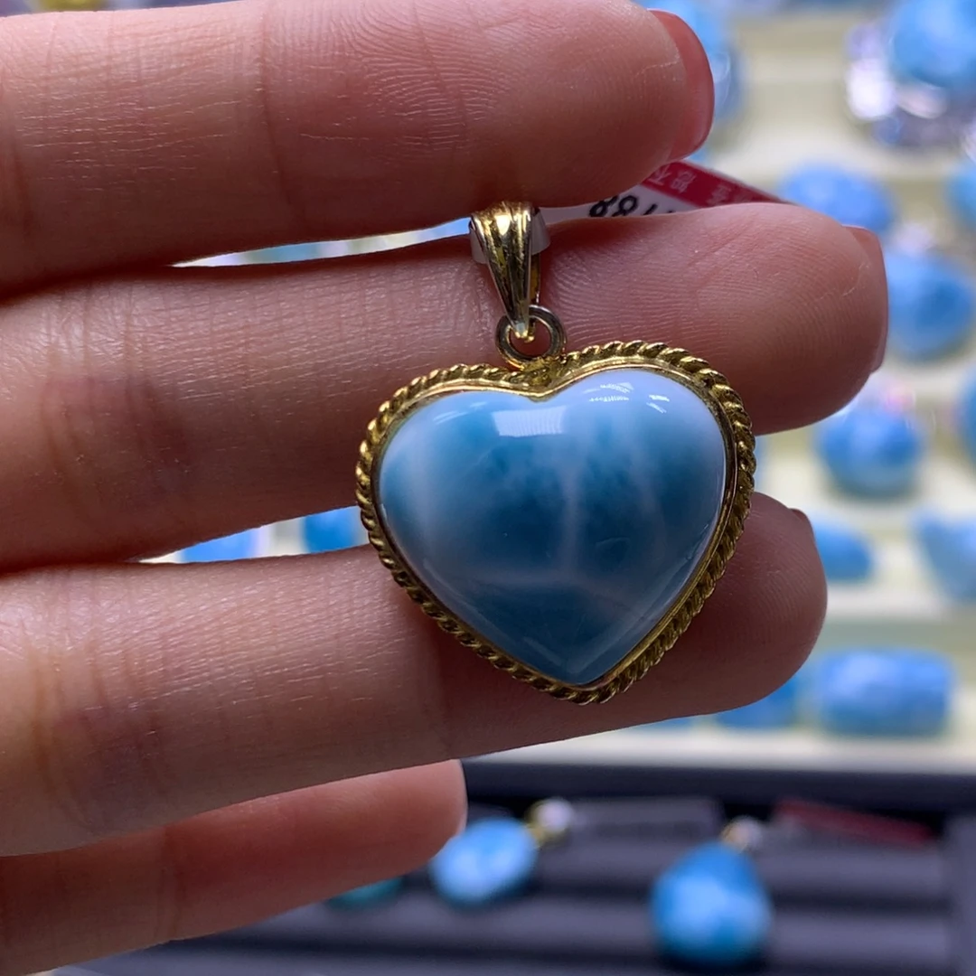 针钠钙石（海纹石）银S925镶嵌吊坠(不含链)爱心吊坠色差略异