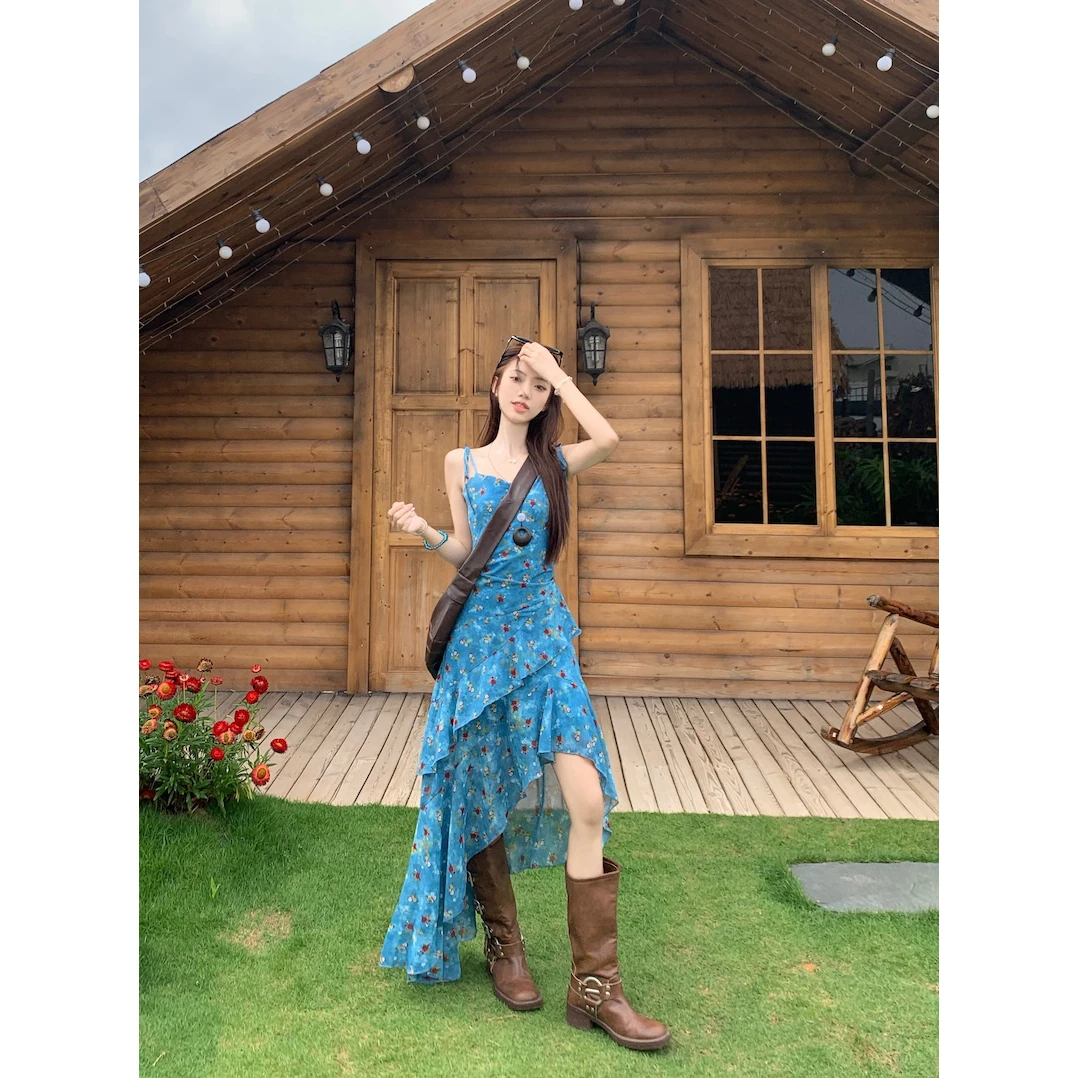 实拍 大码胖MM设计感不规则碎花吊带裙