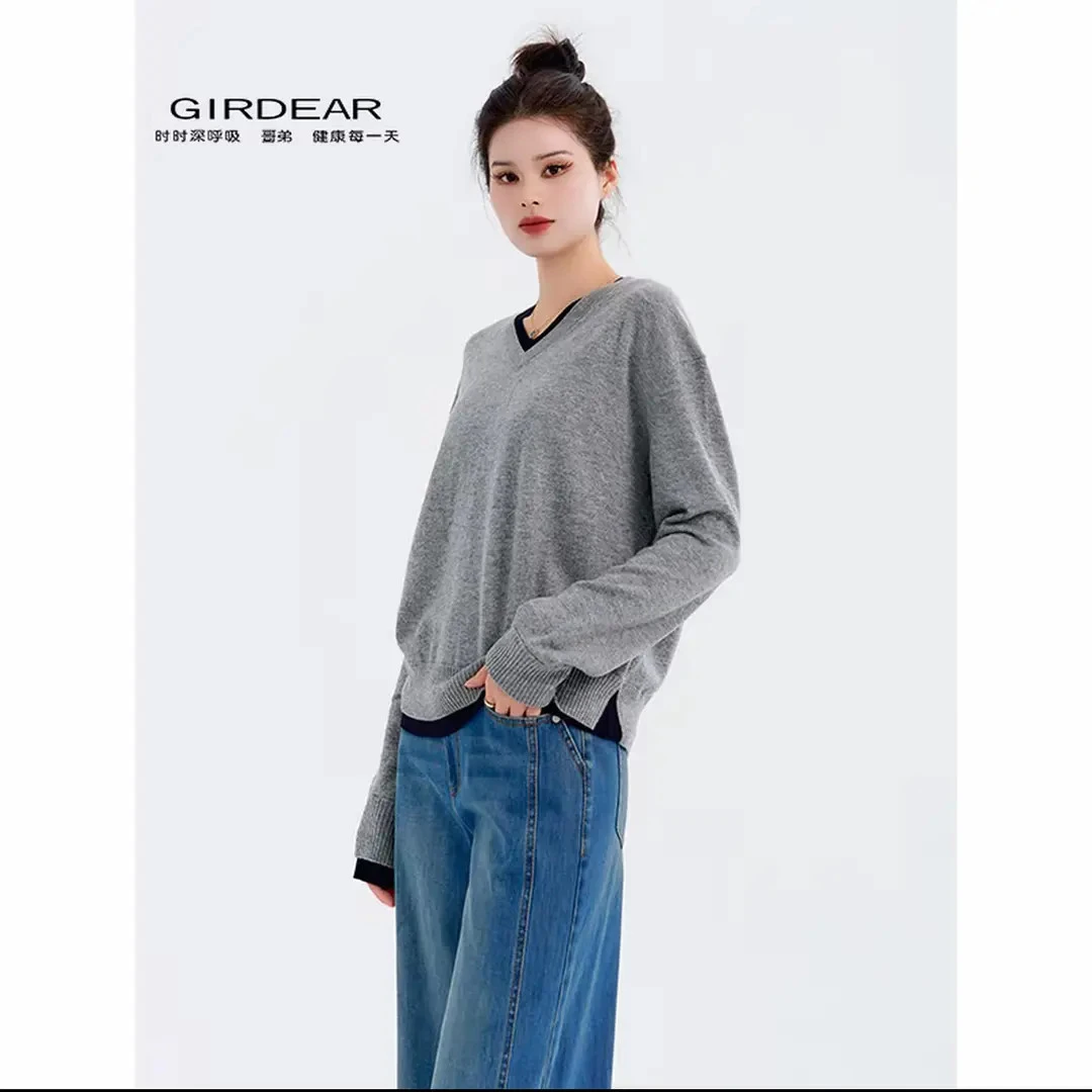 GIRDEAR/哥弟138084百搭针织长袖女V领毛针素颜风哥弟秋季针织衫