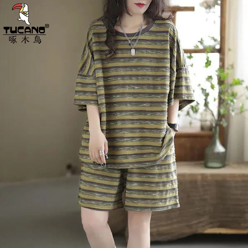 啄木鸟纯棉条纹套装女夏季妈妈装新款宽松显瘦休闲短袖短裤两件套