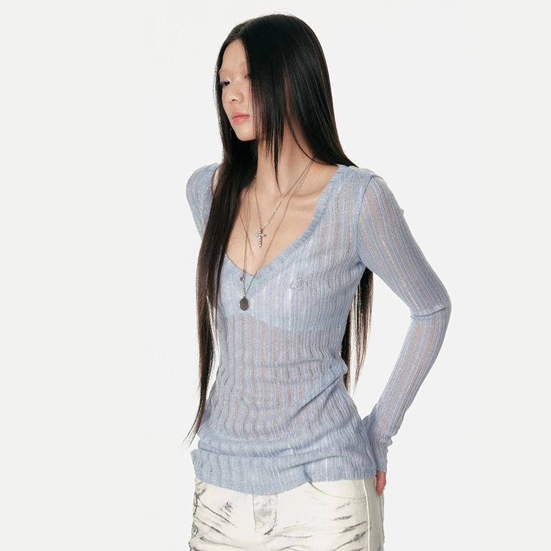 4muggle原创设计早春坑条针织V领打底衫双色基础百搭长袖上衣女