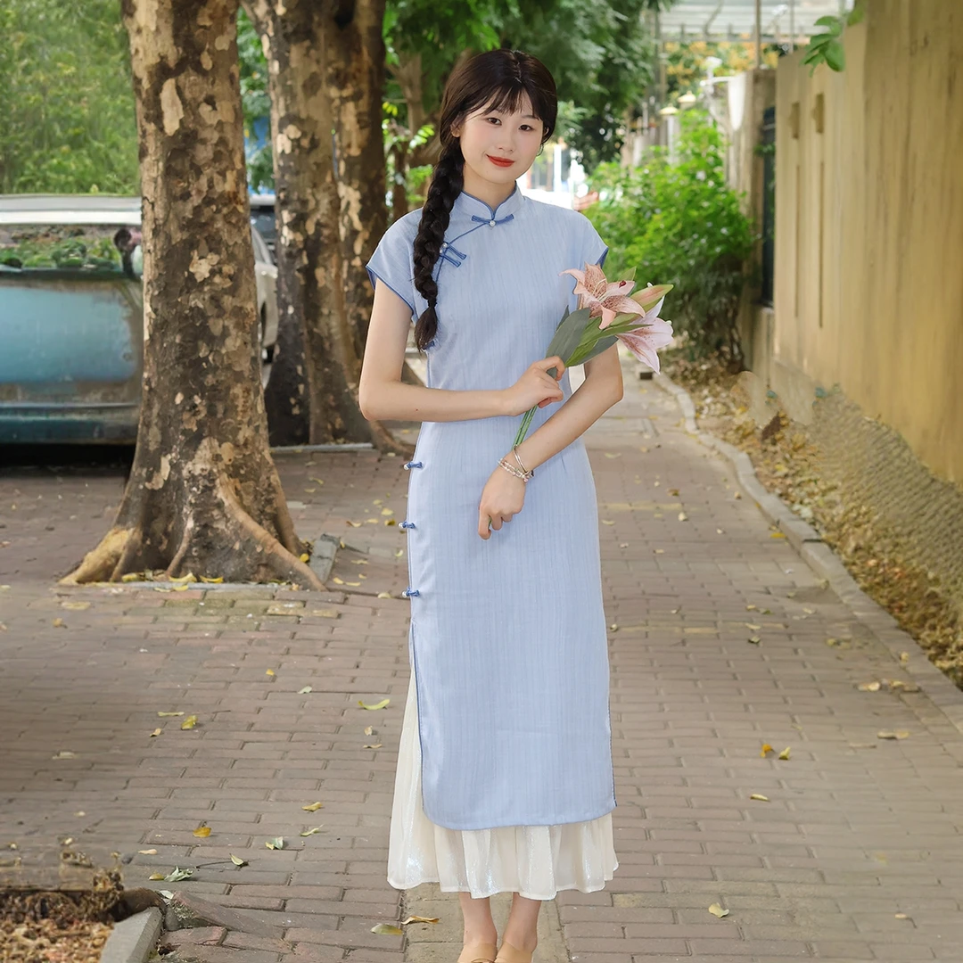 江南赋蓝色旗袍小个子2025夏季新款日常文艺民国风少女复古气质
