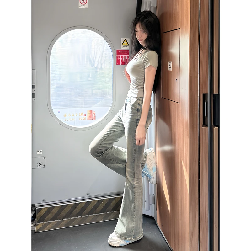 美式浅色高腰微喇牛仔裤女2025冬季新款修身显瘦弹力小个子喇叭裤