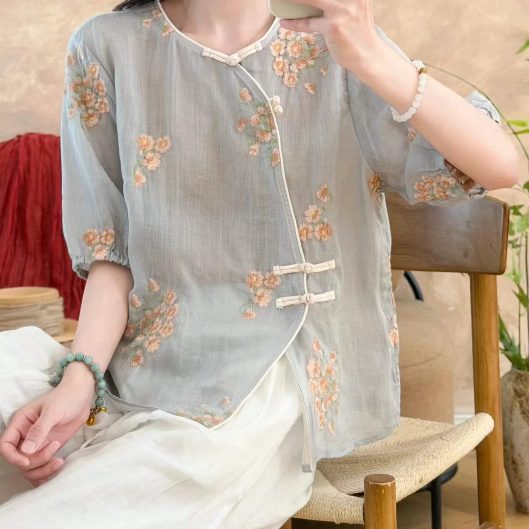 【100%苎麻】2026夏季新中式美学重工刺绣盘扣女士文艺上衣G26163