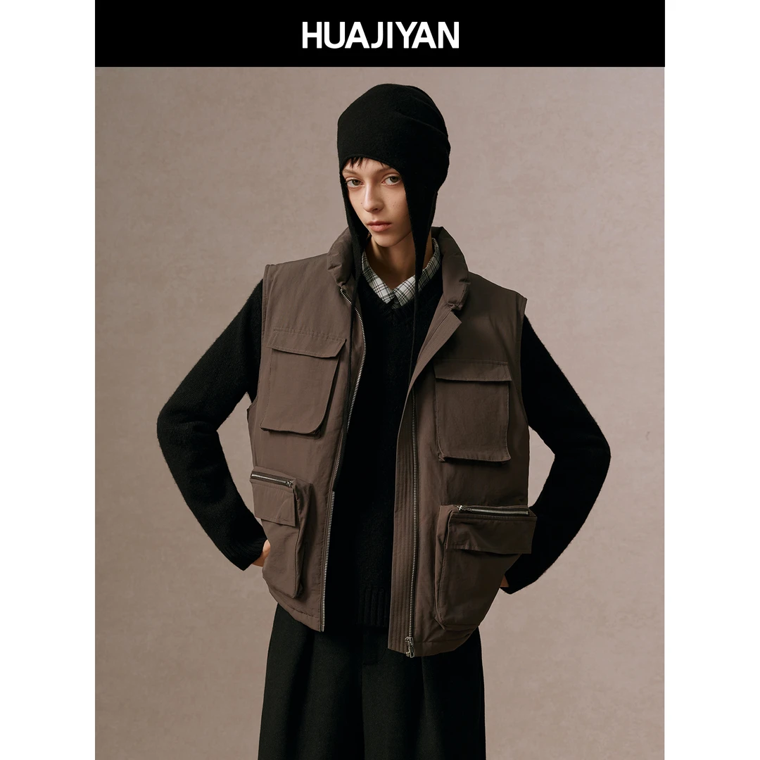 华吉言/HUAJIYAN【兜兜马甲】鹅绒立体口袋工装风无袖羽绒上衣马甲