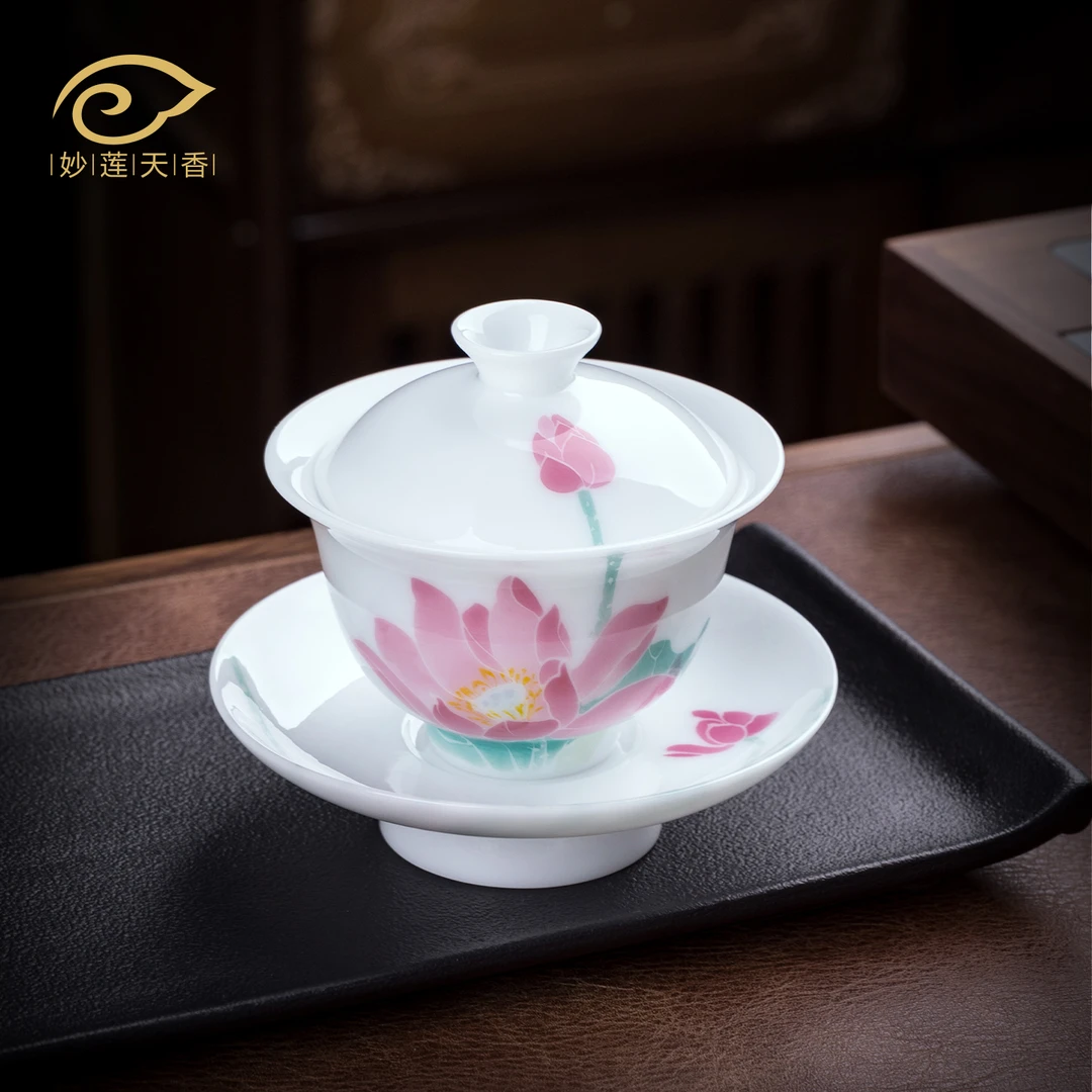 妙莲天香高端冰种玉瓷手绘荷花三才盖碗茶杯中式家用茶具茶碗送礼