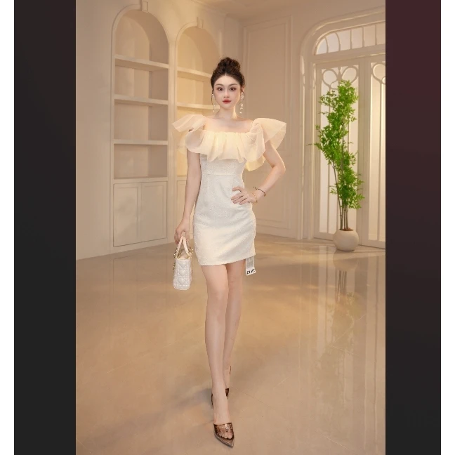 【显瘦定制】一字肩女装网纱拼接荷叶边气质连衣裙仙女裙5003