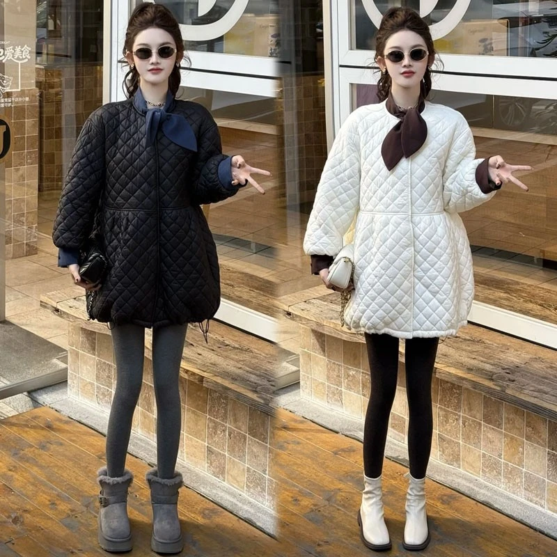菱格圆领棉衣女2025冬季新款时髦洋气收腰显瘦中长款保暖棉袄外套