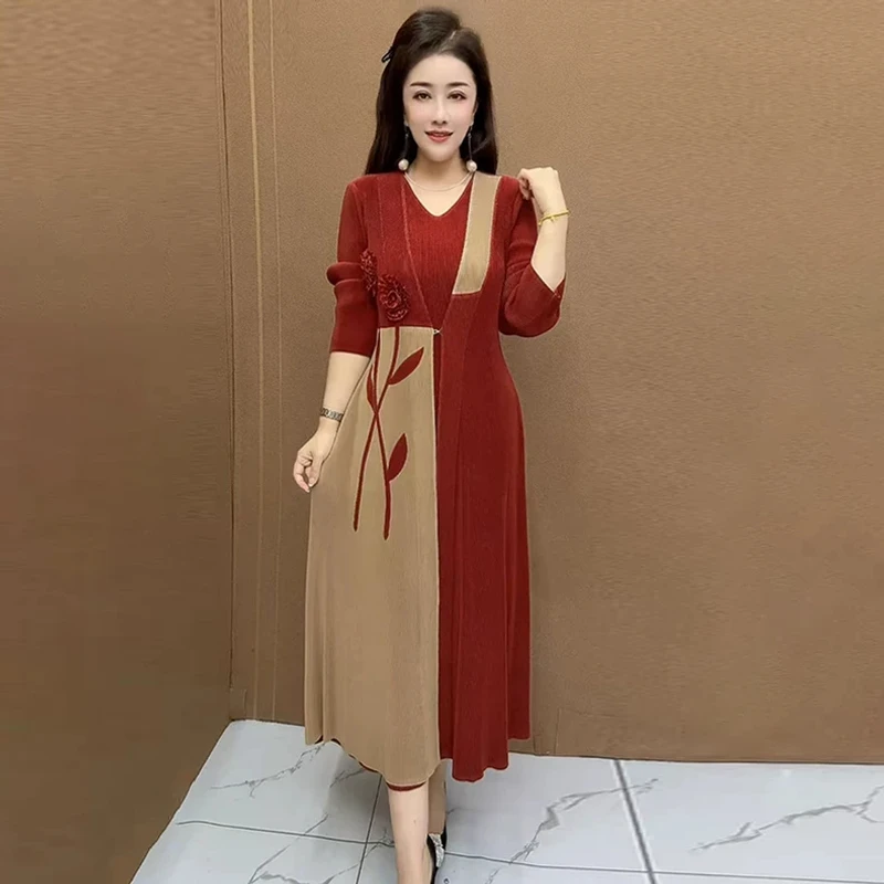 90130洋气妈妈褶皱风衣连衣裙女高端礼服中长款婆婆假两件长裙子