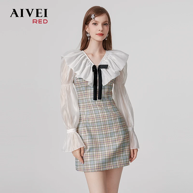 AIVEI秋新荷叶领拼接格纹气质连衣裙Q05W0002