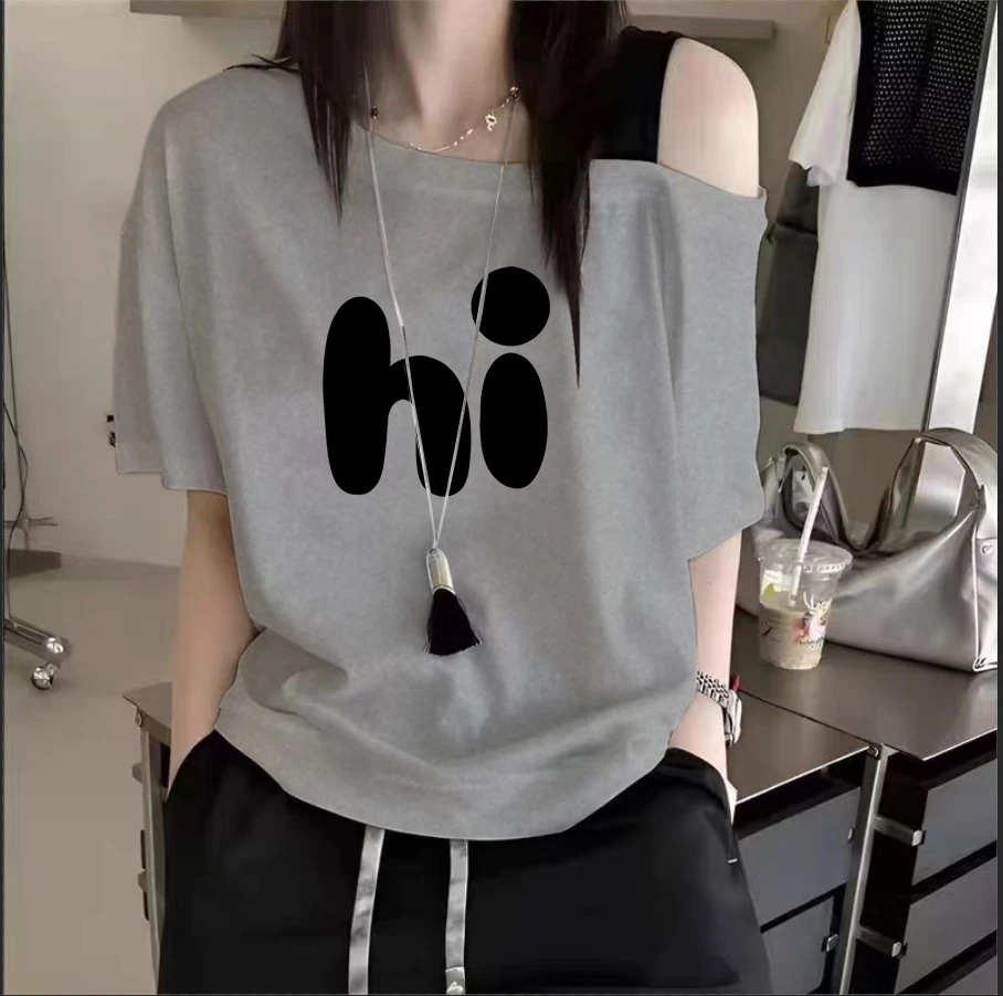 夏季宽松显瘦上衣大码胖妹妹韩版斜肩吊带撞色字母印花短袖t恤女
