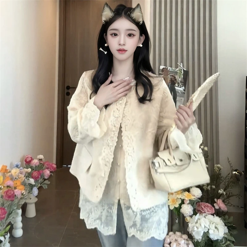 港风复古蕾丝刺绣珍珠马甲外套女装镂空钩花宽松蕾丝衫套装小衫潮
