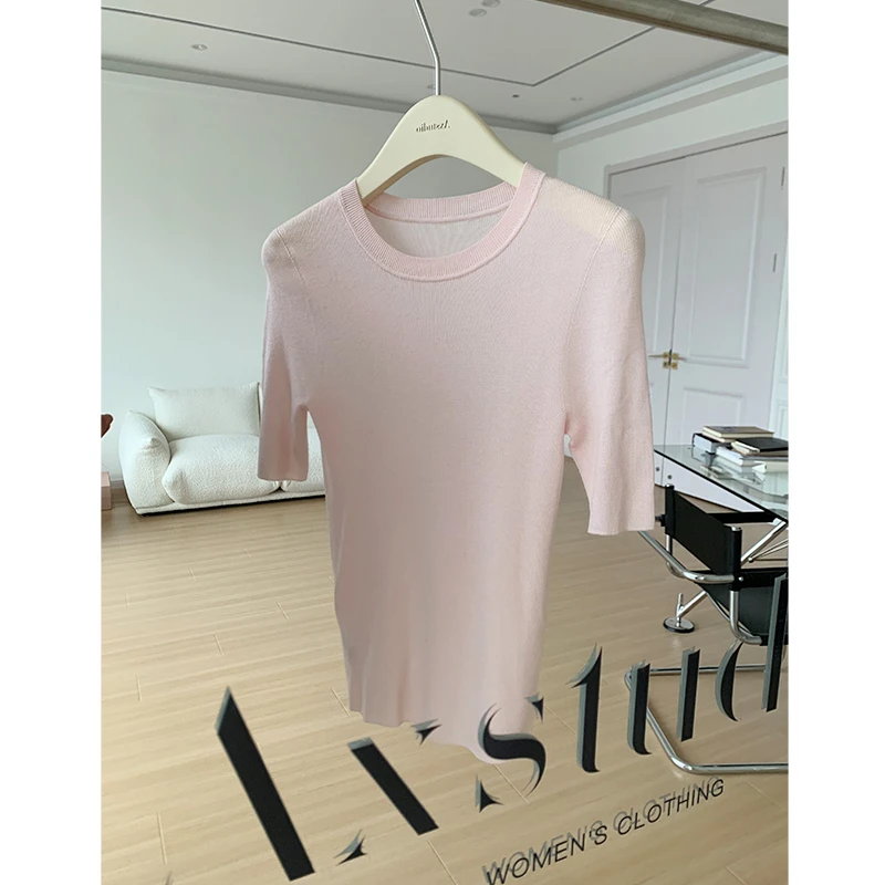 阿昕亮晶晶 夕雾粉 莱赛尔羊绒醋酯混纺圆领针织短袖衫AX240614