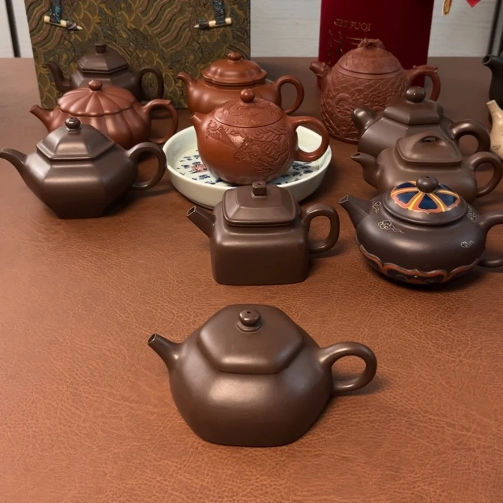 紫砂茶壶鹏**耀六方静乐老紫泥手工壶