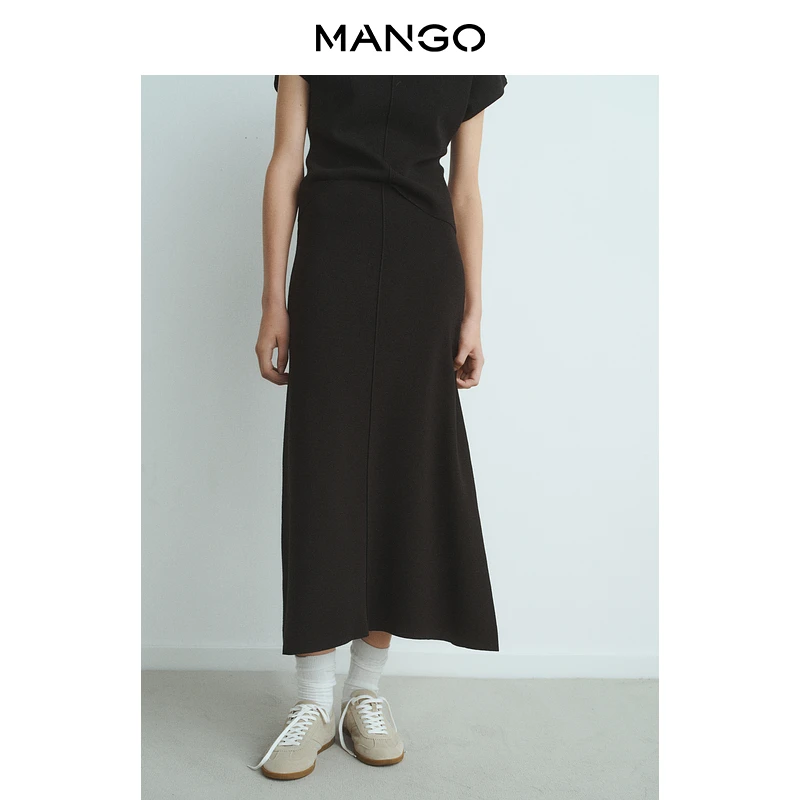 MANGO女装半身裙2025秋装新款黑色休闲细针织修身温柔喇叭半裙