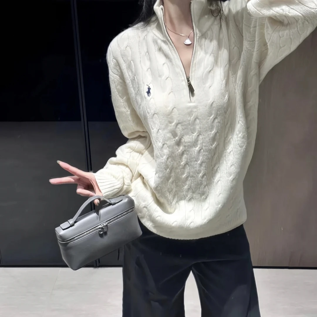 拉夫家经典小马刺绣针织半拉链立领休闲简约百搭毛衣男女同款