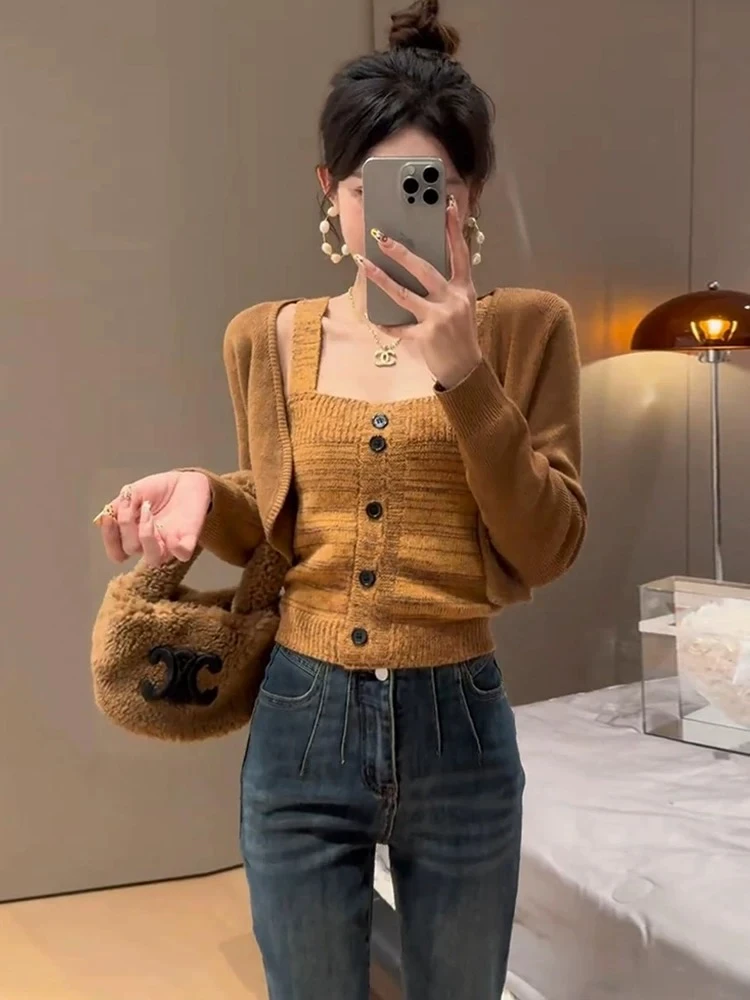 初秋穿搭长袖针织开衫两件套女2024新款宽松慵懒短款毛衣罩衫上衣