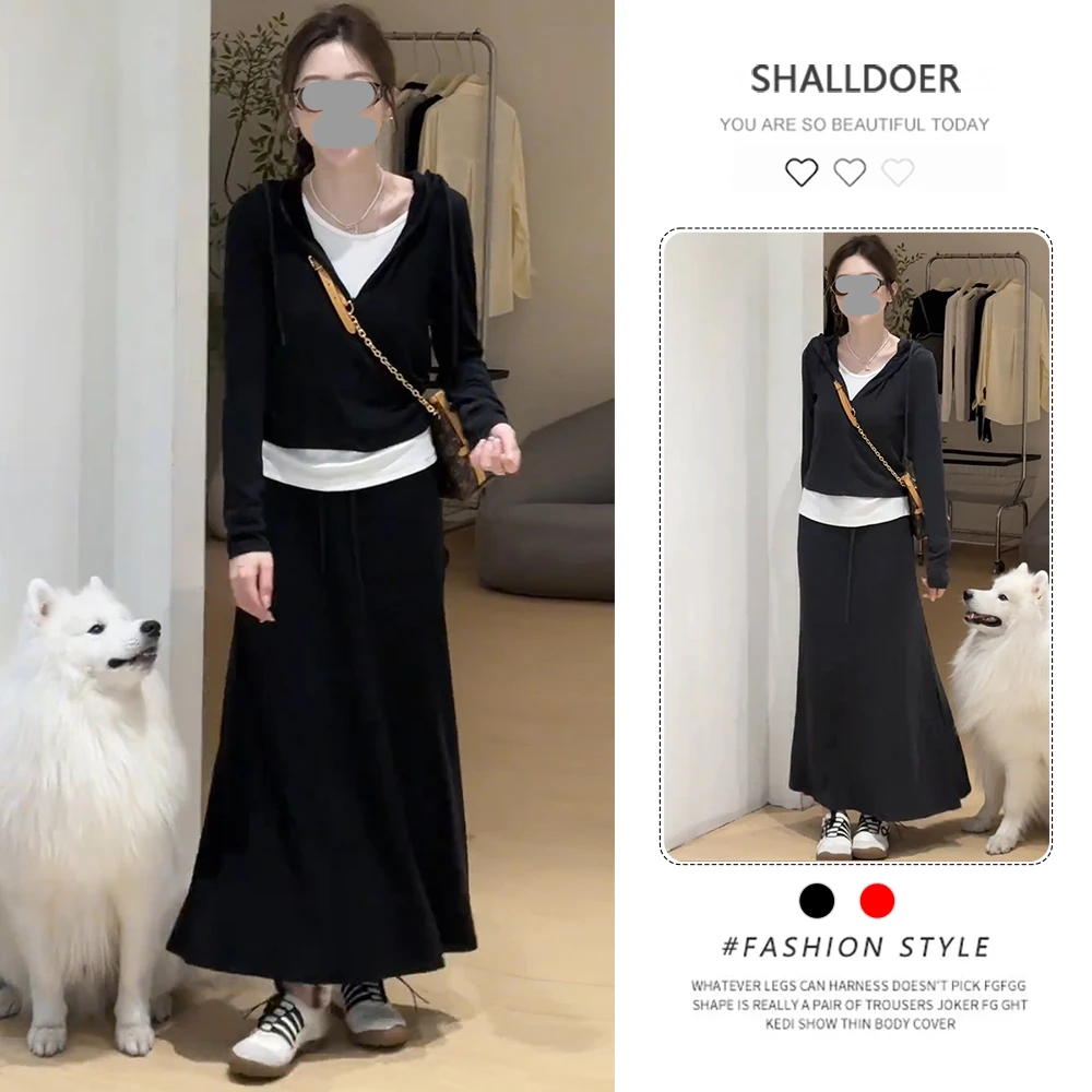 韩系时尚休闲套装女2026春秋新款假两件连帽长袖卫衣半身裙两件套