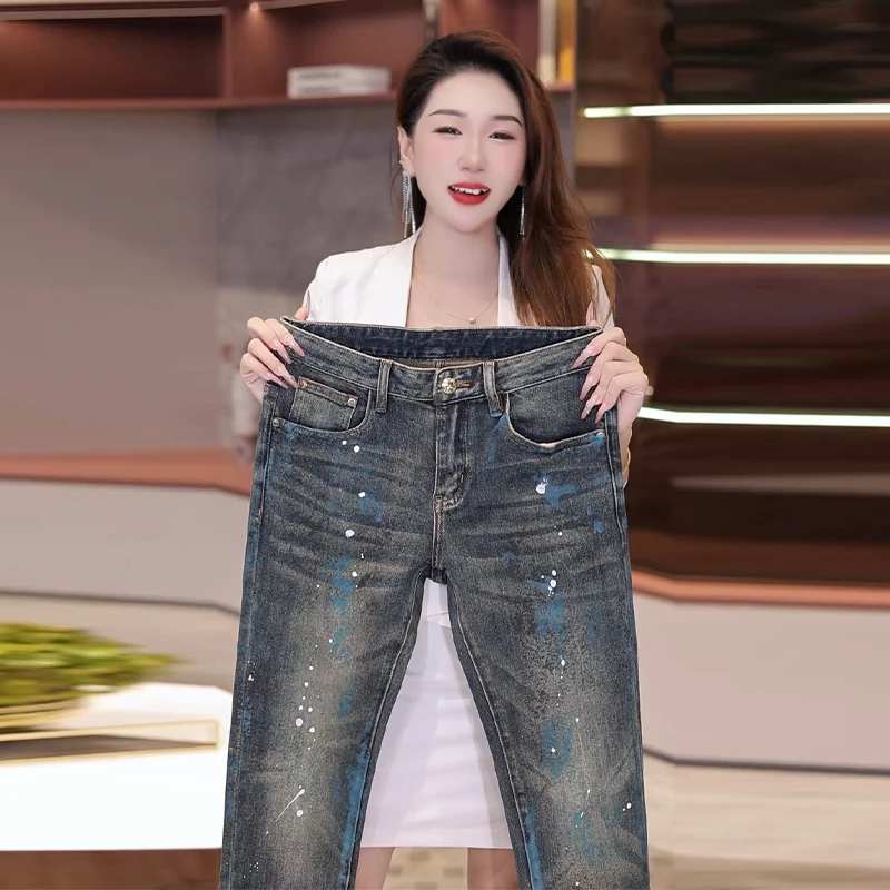 男秋冬牛仔裤美式男士泼墨直筒裤秋季潮流男士弹力修身休闲百搭