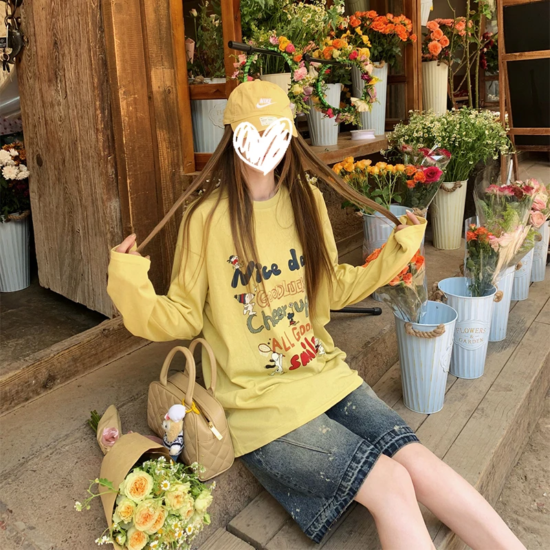 卡通印花圆领长袖T恤女2025夏季新款设计感时尚宽松慵懒防晒上衣