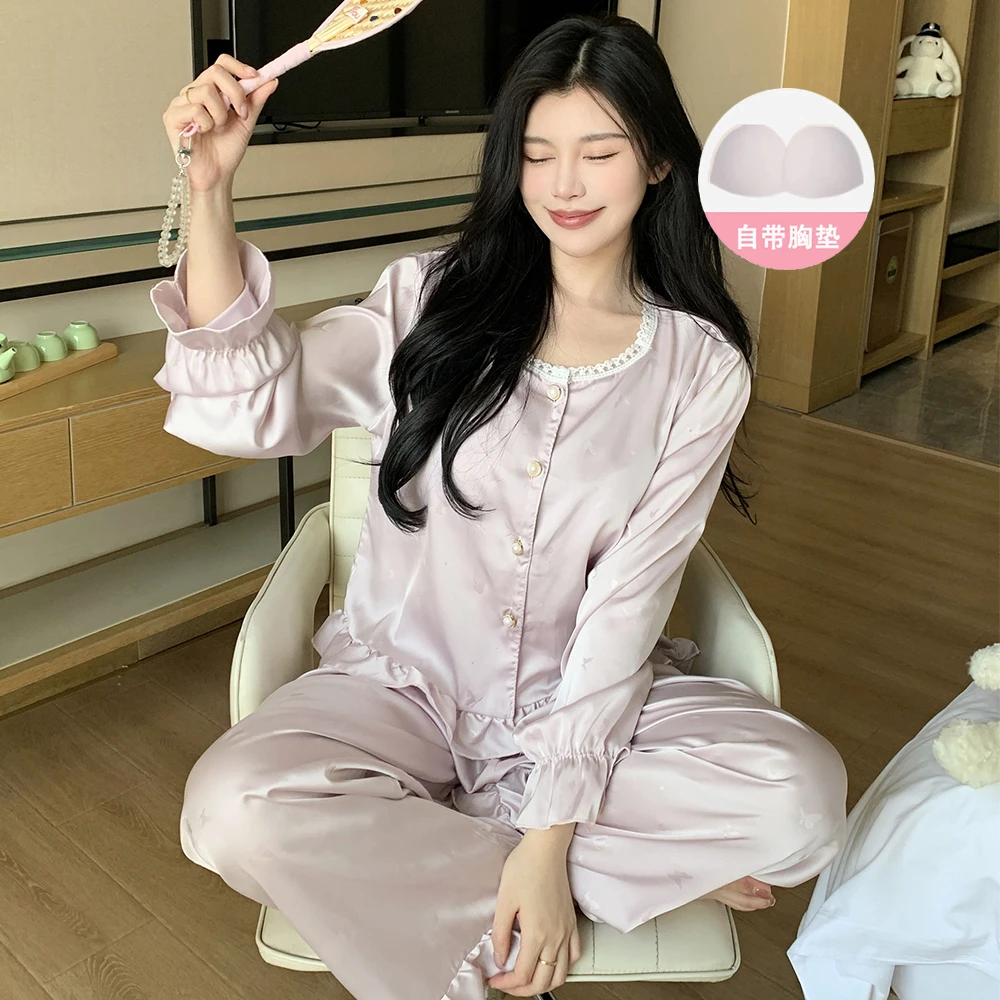 带胸垫2025新款冰雪丝睡衣圆领长袖长裤可外穿家居服春秋季套装