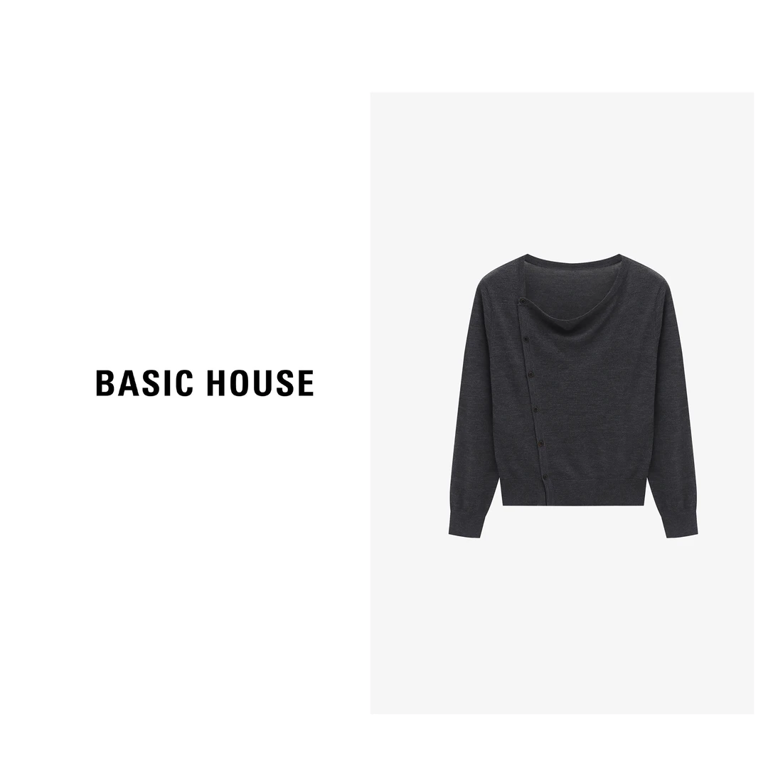 Basic House/百家好秋季新款简约设计款斜门襟针织衫-B0625B5KVG2