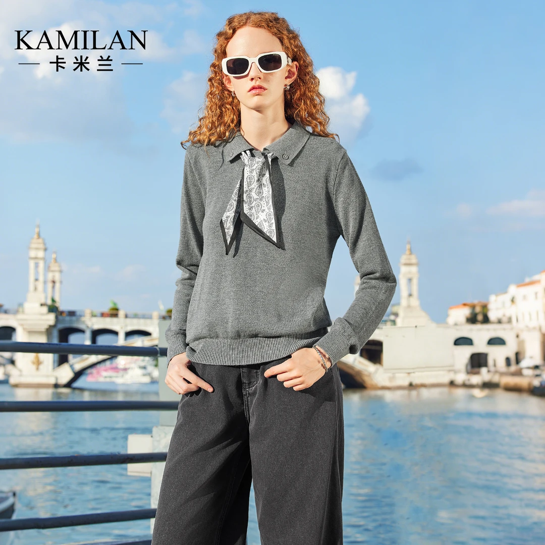 卡米兰气质灰色长袖针织衫女秋季2025新款高级感翻领宽松针织上衣