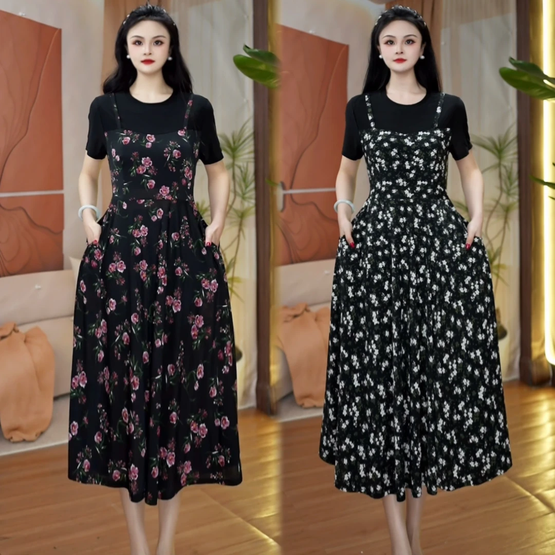 夏季碎花裙洋气拼接短袖连衣裙假两件遮肚显瘦气质连衣裙