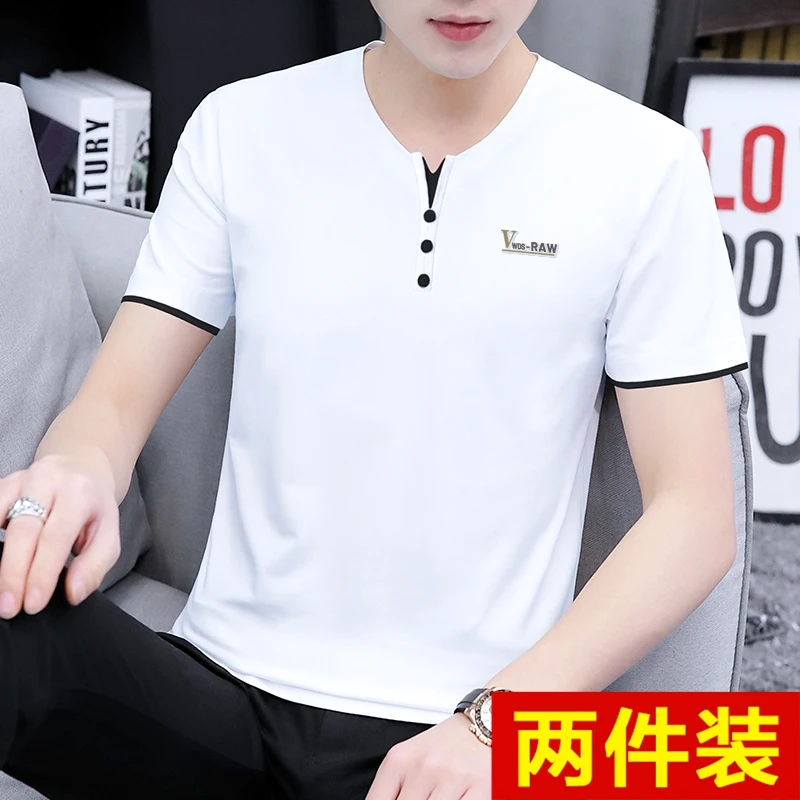 纯棉透气男士短袖t恤圆领夏季打底衫半袖潮流修身冰丝薄款体恤白t