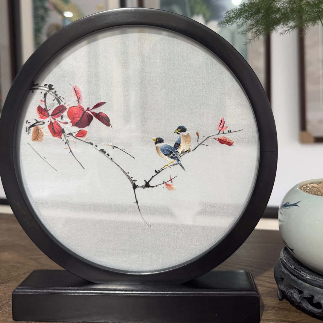 《枝头语》-非遗纯手工苏绣精品双面绣摆台（画芯20cm）
