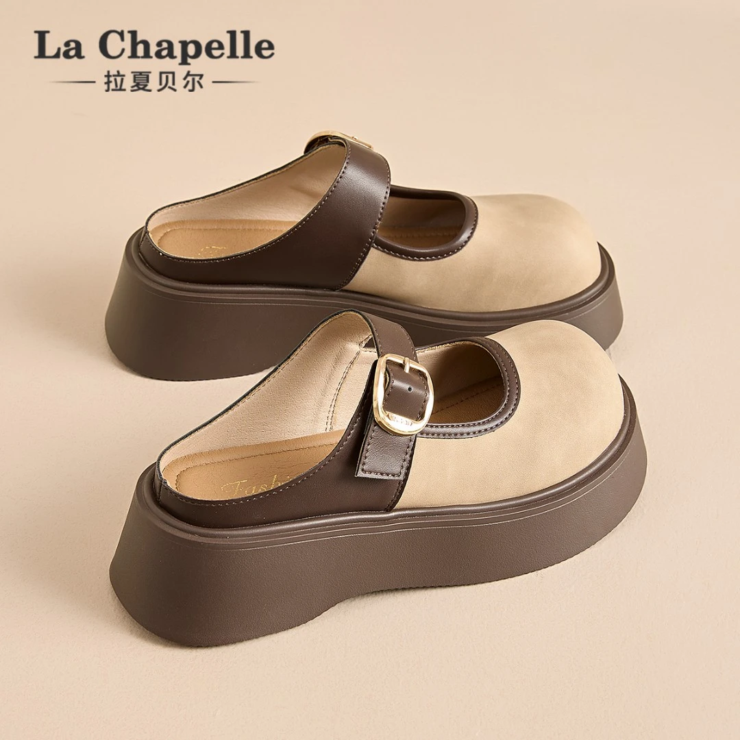 【清仓】拉夏贝尔鞋子女款夏季新款休闲小皮鞋厚底百搭时尚半拖鞋子