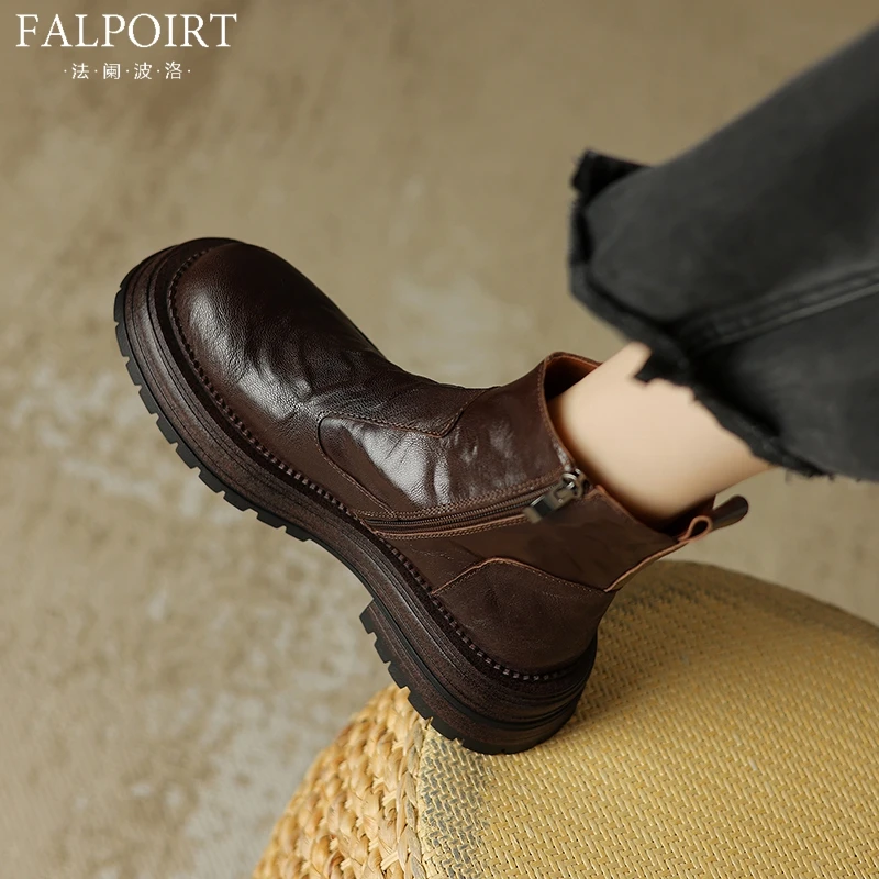 FALPOIRT高档真皮圆头厚底马丁靴女2025新款复古英伦风粗跟短筒靴