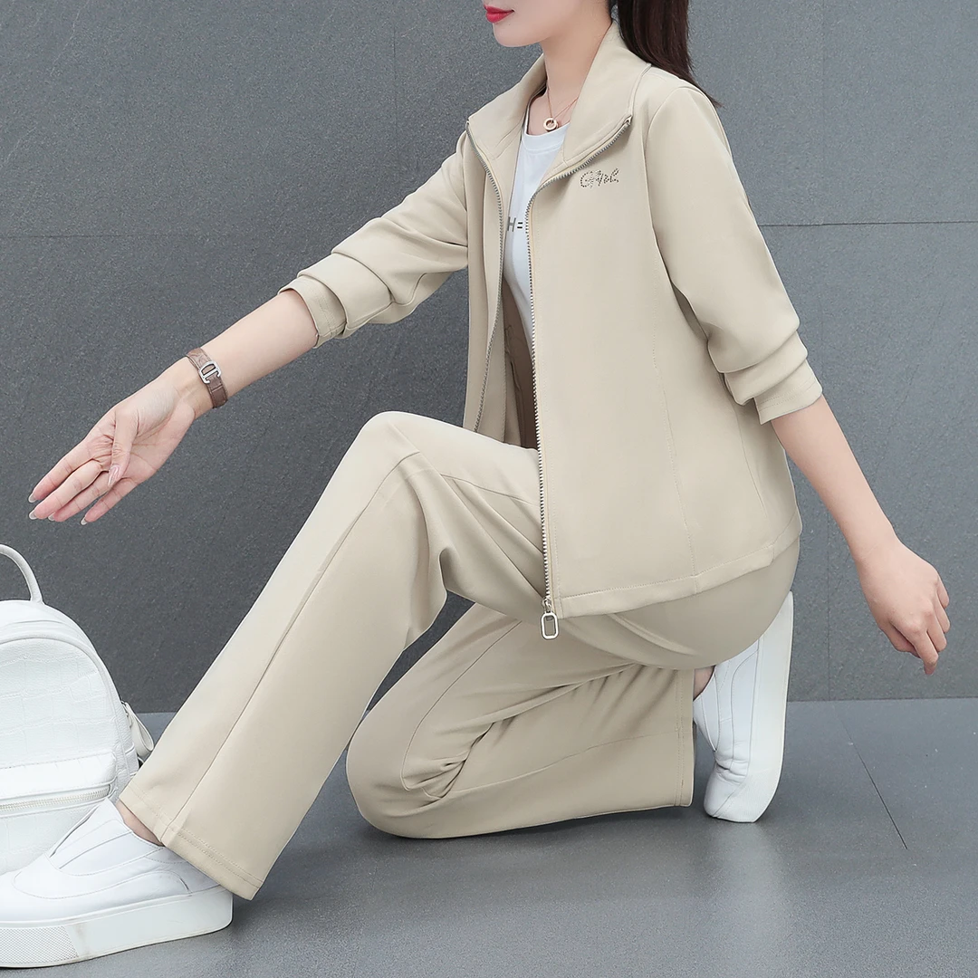 运动休闲套装女春秋新款时尚大码显瘦长袖减龄宽松跑步服三件套