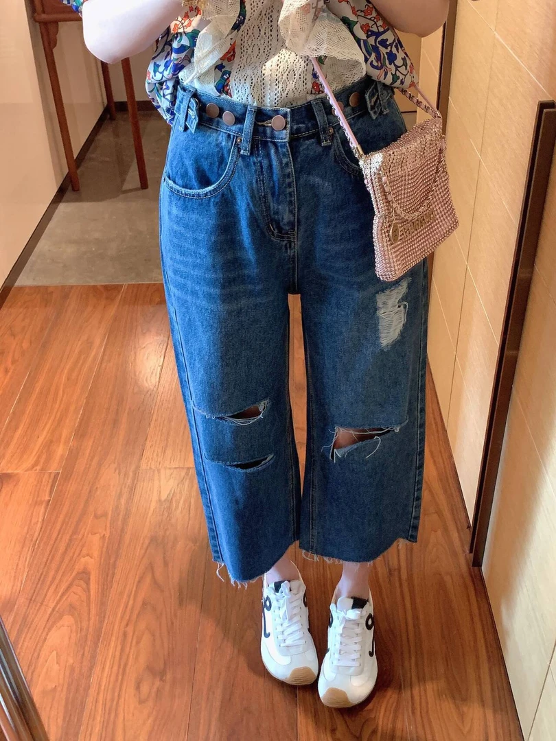 【张静芝】调节扣破洞毛边牛仔裤