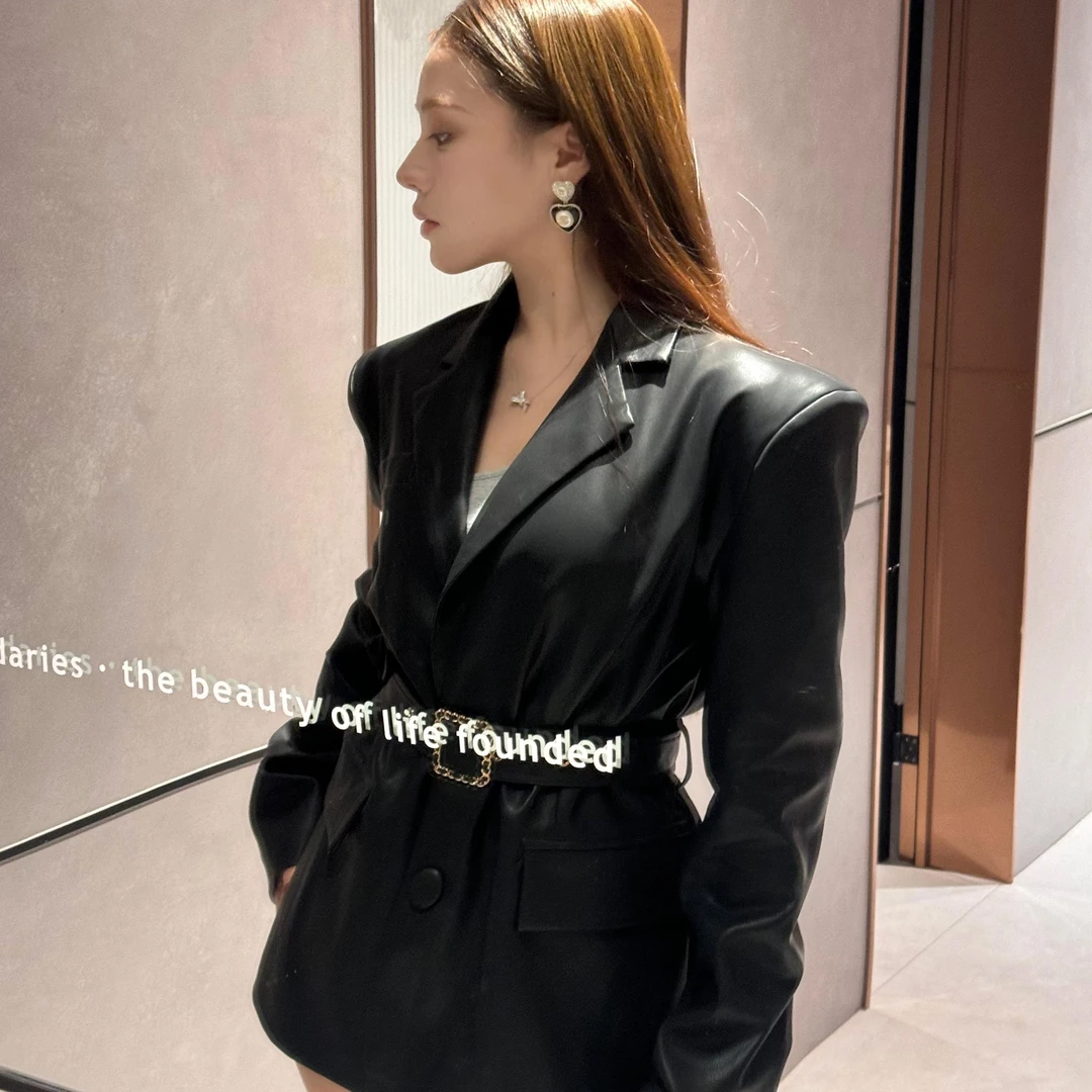 【袁小姐】皮衣战士 酷飒长款系带宽松气质显瘦长皮衣外套-JF117