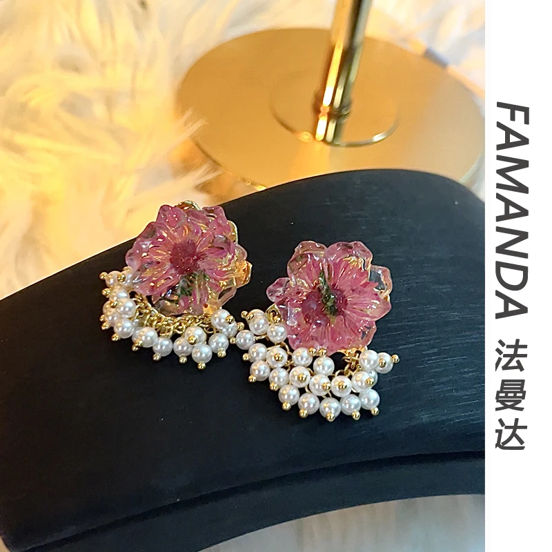铜合金仿珍珠耳饰 【珠锁玫花】玫红色珠珠流苏仙气古风耳环耳钉