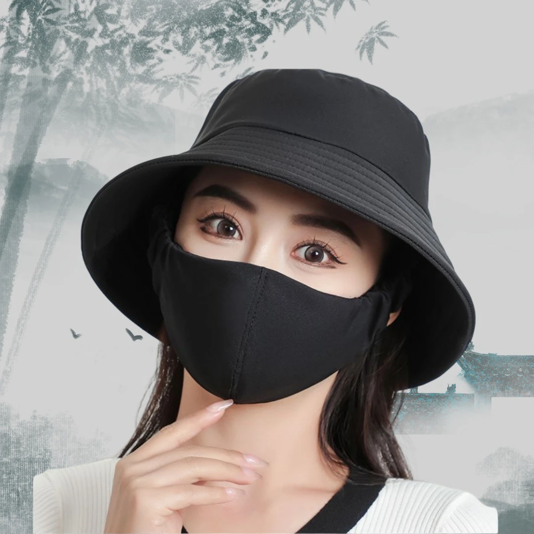 2025春季纯色防晒口罩帽子一体遮脸时尚防风户外骑车遮阳透气采茶