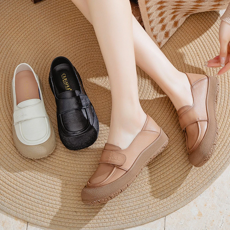 25009春秋透气百搭舒适软底圆头厚底一脚蹬平底浅口复古防滑单鞋