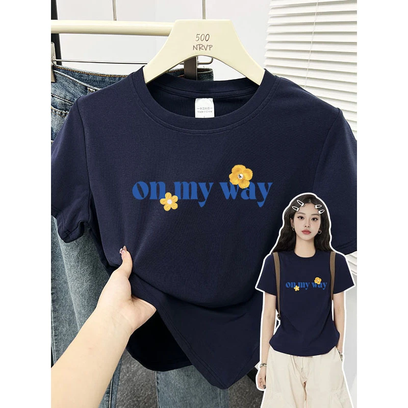 简约休闲风白色字母印花正肩短袖t恤女减龄圆领修身高弹力棉上衣